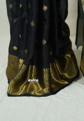 Jet Black with Yellow - Kanimozhi - Soft Silk Saree Partly Pallu Saree with Buttas - Best for Wedding Functions