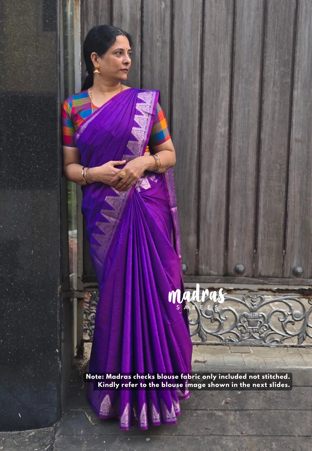 Dual Shade Purple - Kanimozhi - Premium dualshade soft silk with Temple Border with Madras Checks Double Blouse Combo - Best for Small Functions
