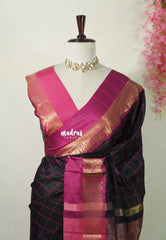 Jet Black - Kanimozhi - Premium Soft Silk Saree Checks with Skirt Border - Best for Wedding Functions