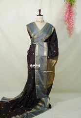 Dark Chocolate Brown - Kanimozhi - Premium Soft Silk Rettapet Border with Buttas - Best for Wedding Functions