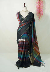 Midnight Rainbow - Kanimozhi - Premium Soft Silk Horizontal Striples with Rettapet Border - Best for Wedding Functions