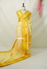 Creamy Yellow - Kanimozhi - Premium Soft Silk Checked with Rudraksham, Mango Border - Best for Wedding Functions