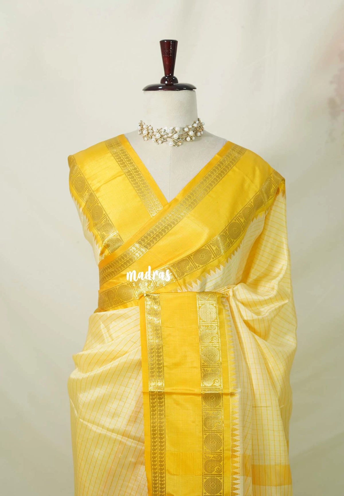 Creamy Yellow - Kanimozhi - Premium Soft Silk Checked with Rudraksham, Mango Border - Best for Wedding Functions