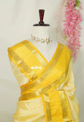 Creamy Yellow - Kanimozhi - Premium Soft Silk Checked with Rudraksham, Mango Border - Best for Wedding Functions