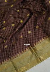 Chocolate Brown - Kanimozhi - Soft Silk Zari Checks with Buttas and Rettapet Border - Best for Pooja Functions