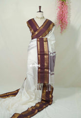 Ivory White - Kanimozhi - Premium Soft Silk Plian with Rudraksham, Mango Border - Best for Wedding Functions