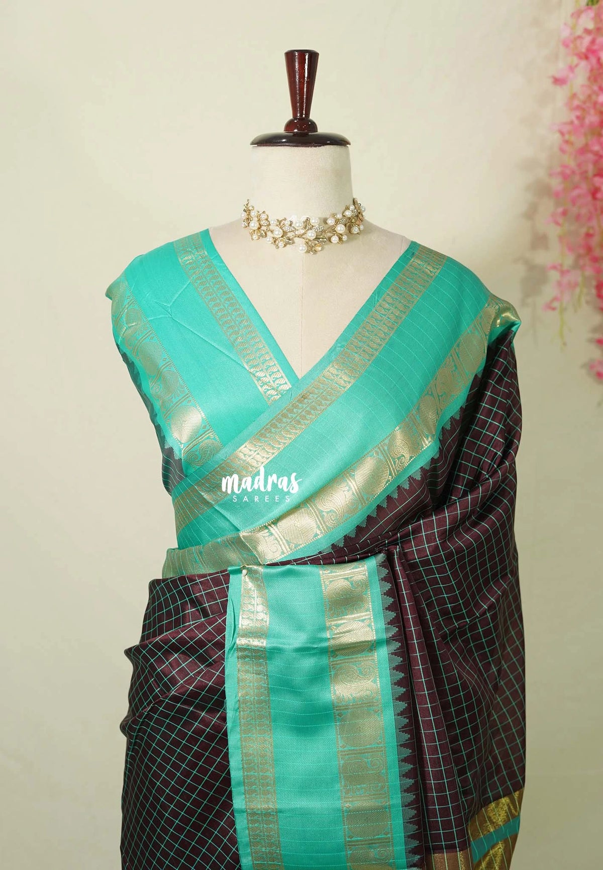 Wine Brown with Aqua - Kanimozhi - Soft Silk Muthu Kattam with Mango Border - Best for Wedding Wear