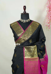 Jet Black - Kanimozhi - Soft Silk Saree Mango Border with Mango Buttas - Best for Small Functions