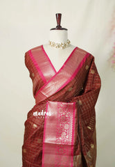 Rust Brown with Pink - Kanimozhi - Soft Silk Zari Checks with Floral Border - Best for Wedding Wear