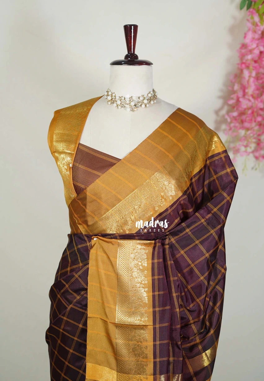 Coffee Brown - Kanimozhi - Soft Silk Saree with Checks Flower and Skirt Border - Best for Pooja Functions | Temple Visit