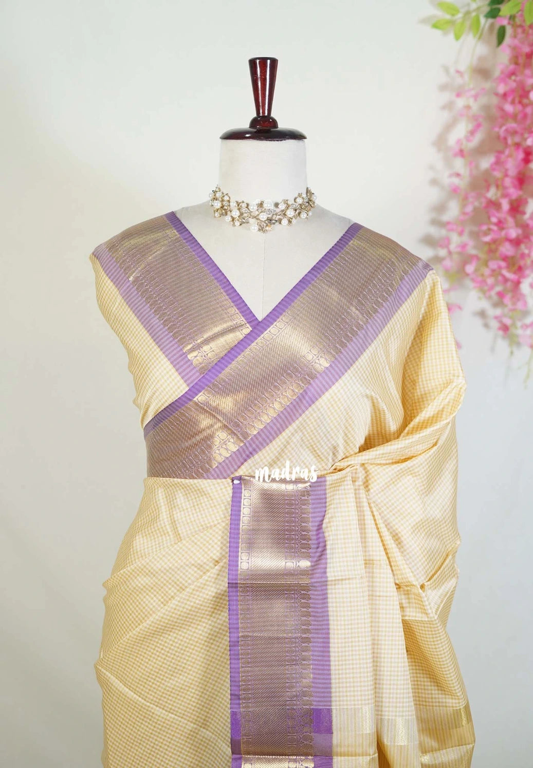 Sandal Beige - Kanimozhi - Soft Silk Vintage Checks with Mango and Rudraksham Border - Best for Festive Wear