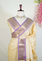 Sandal Beige - Kanimozhi - Soft Silk Vintage Checks with Mango and Rudraksham Border - Best for Festive Wear