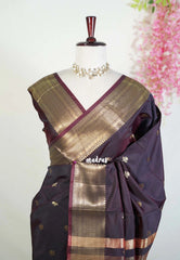 Dual Shade Midnight Brown - Kanimozhi - Soft Silk Saree Traditional Zari Border with Buttas - Best for Small Functions