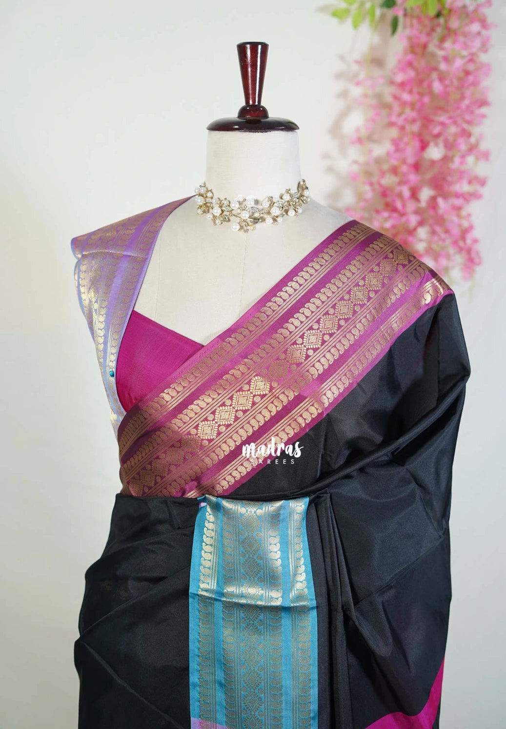 Jet Black - Kanimozhi - Soft Silk Saree with Rudraksham Ganga Jamuna Border - Best for Pooja Funtions | Temple Visit