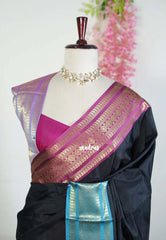 Jet Black - Kanimozhi - Soft Silk Saree with Rudraksham Ganga Jamuna Border - Best for Pooja Funtions | Temple Visit