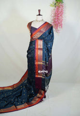 Midnight Teal - Kanimozhi - Premium Soft Silk with Traditional Border and Buttas - Best for Pooja Functions