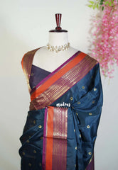 Midnight Teal - Kanimozhi - Premium Soft Silk with Traditional Border and Buttas - Best for Pooja Functions