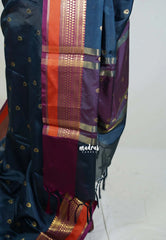Midnight Teal - Kanimozhi - Premium Soft Silk with Traditional Border and Buttas - Best for Pooja Functions