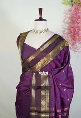 Jamun Purple - Kanimozhi - Premium Soft Silk with Rudraksham, Mango Border and Buttas - Best for Pooja Functions