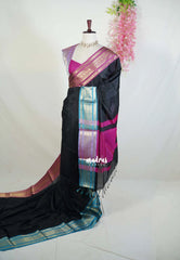 Jet Black - Kanimozhi - Soft Silk Saree with Rudraksham Ganga Jamuna Border - Best for Pooja Funtions | Temple Visit