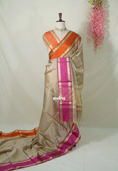 Taupe Beige with Orange&Pink - Kanimozhi - Premium Soft Silk Checks with Ganga Jamuna Border - Best for Wedding Functions