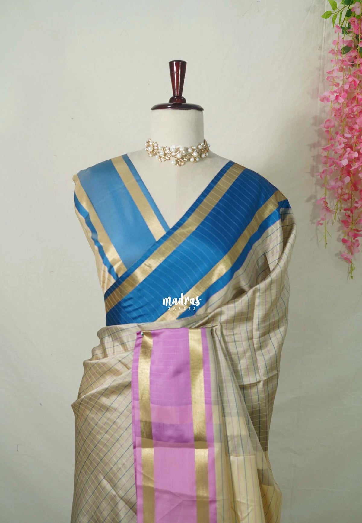 Taupe Beige with Blue&Lilac - Kanimozhi - Premium Soft Silk Checks with Ganga Jamuna Border - Best for Wedding Functions