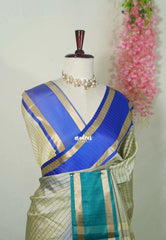 Taupe Beige with Blue&Teal - Kanimozhi - Premium Soft Silk Checks with Ganga Jamuna Border - Best for Wedding Functions