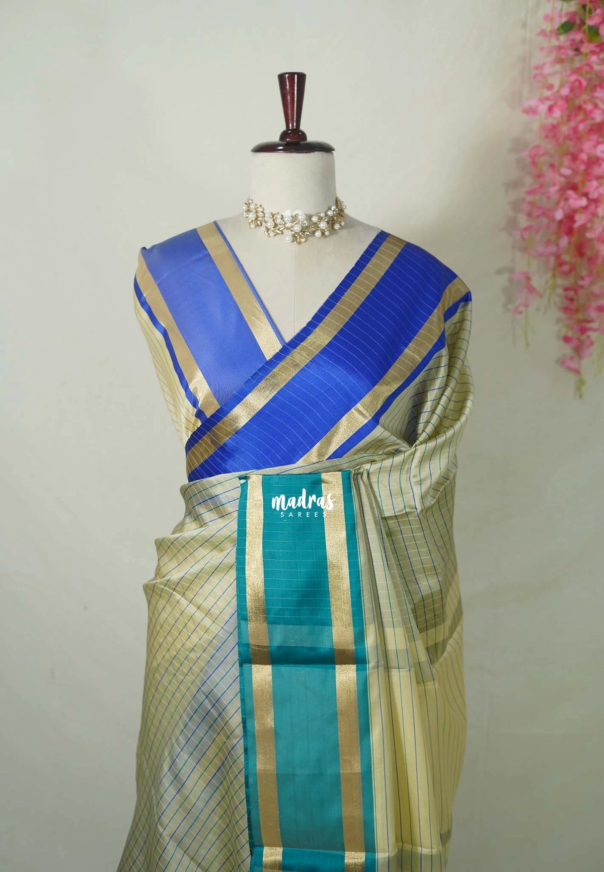 Taupe Beige with Blue&Teal - Kanimozhi - Premium Soft Silk Checks with Ganga Jamuna Border - Best for Wedding Functions