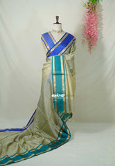 Taupe Beige with Blue&Teal - Kanimozhi - Premium Soft Silk Checks with Ganga Jamuna Border - Best for Wedding Functions