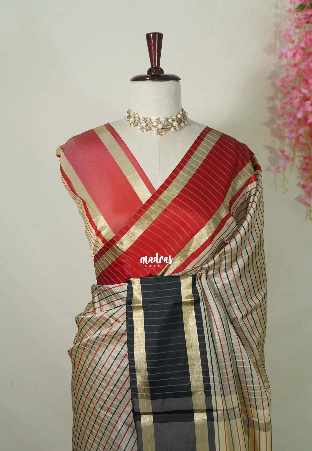 Taupe Beige with Black&Red - Kanimozhi - Premium Soft Silk Checks with Ganga Jamuna Border - Best for Wedding Functions