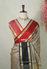 Taupe Beige with Black&Red - Kanimozhi - Premium Soft Silk Checks with Ganga Jamuna Border - Best for Wedding Functions