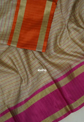 Taupe Beige with Orange&Pink - Kanimozhi - Premium Soft Silk Checks with Ganga Jamuna Border - Best for Wedding Functions