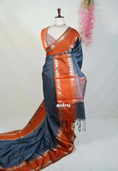 Charcoal Grey - Kanimozhi - Premium Soft Silk with Rettapet Rudraksham Border and Buttas - Best for Wedding Functions