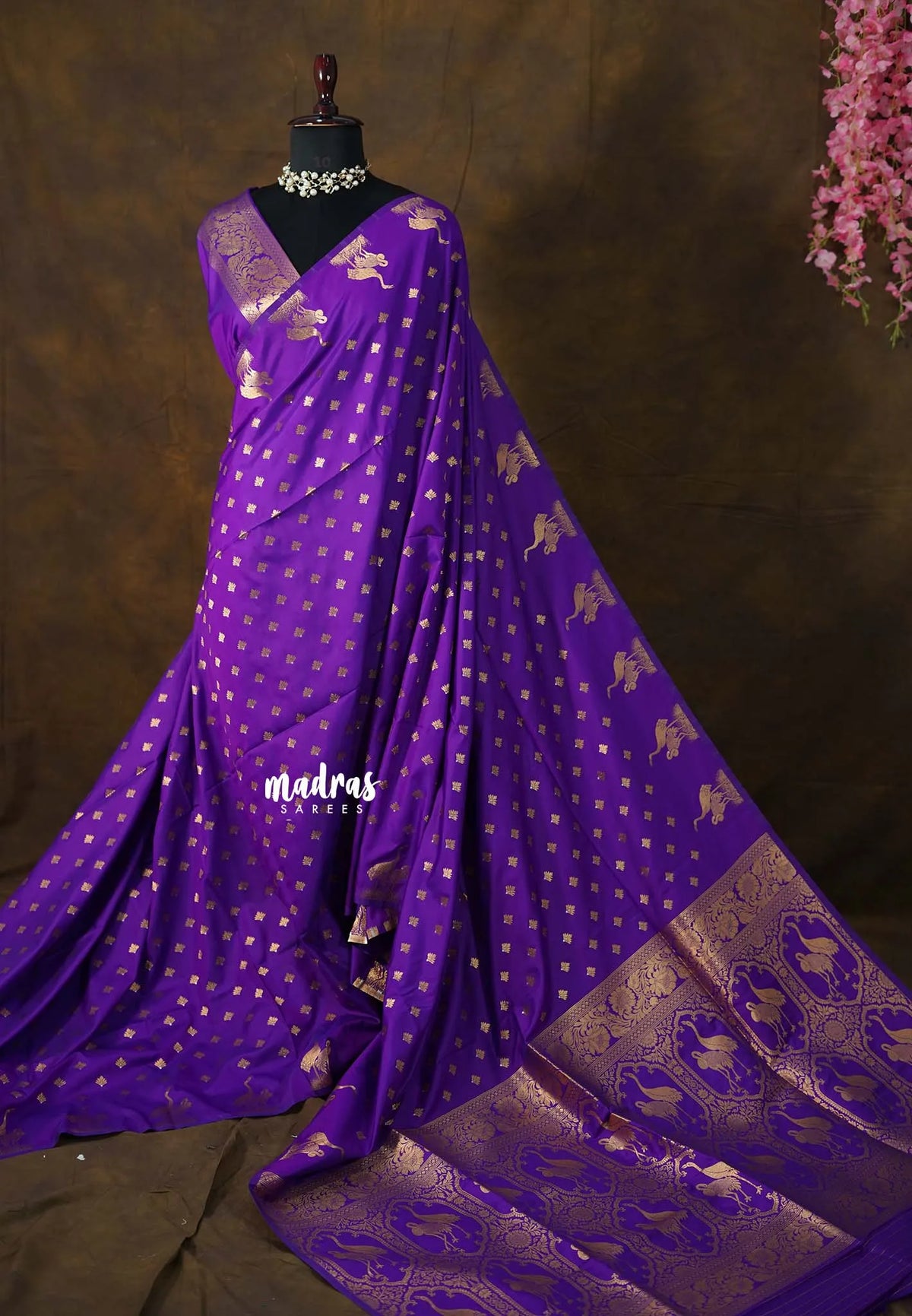 Violet Purple - Kanimozhi - Soft Silk Elegant Crane Motif Zari Border with Buttas - Best for Wedding Functions