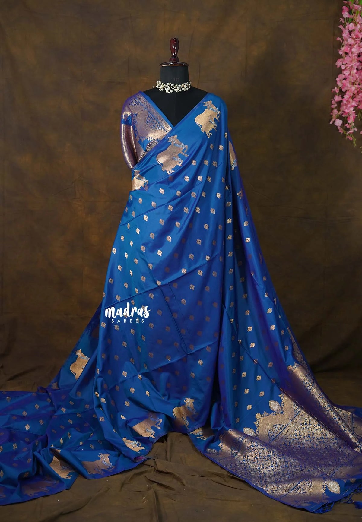 Cobalt Blue - Kanimozhi - Soft Silk Pichwai Cow Zari Border with Buttas - Best for Wedding Functions