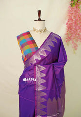 Dual Shade Purple - Kanimozhi - Premium dualshade soft silk with Temple Border with Madras Checks Double Blouse Combo - Best for Small Functions