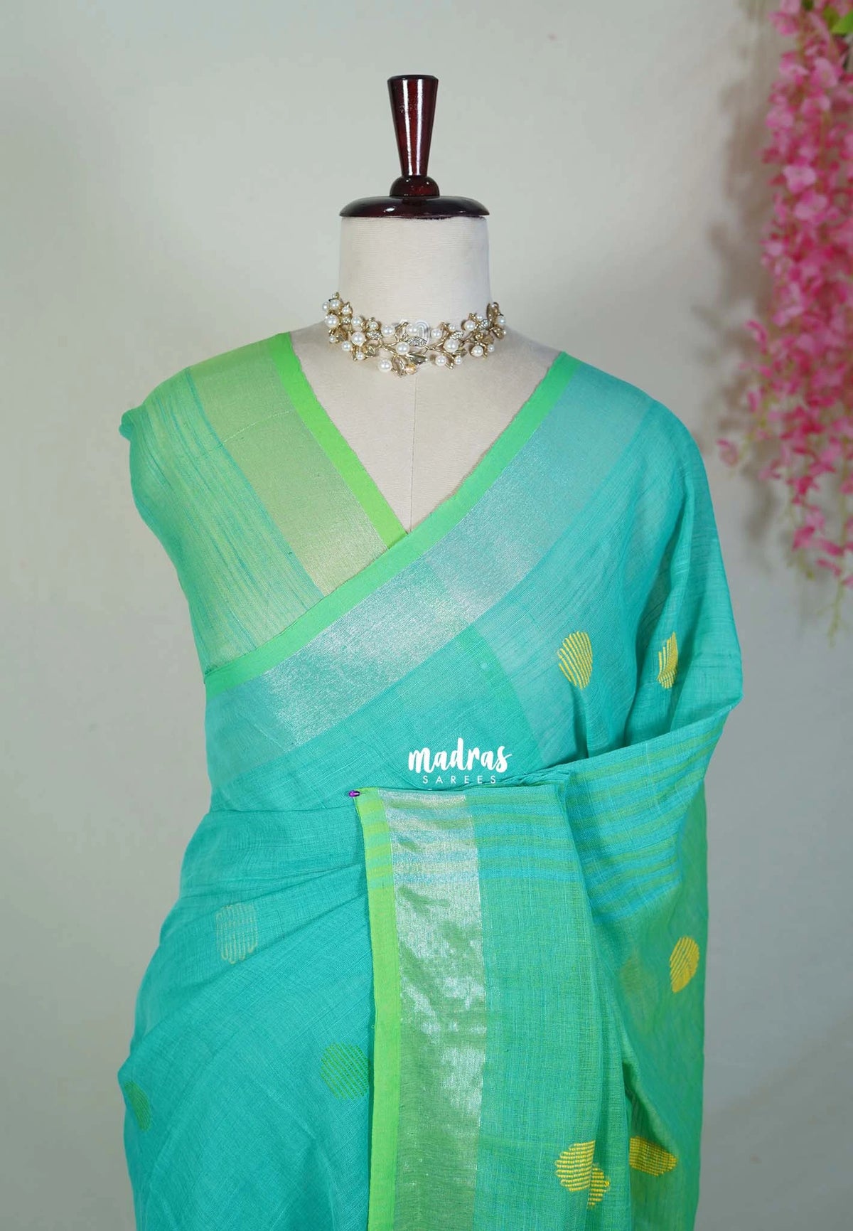Cyan with green - kannamma Handwoven Ballbutta linen