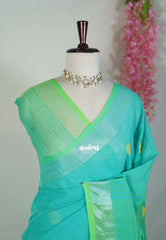 Cyan with green - kannamma Handwoven Ballbutta linen
