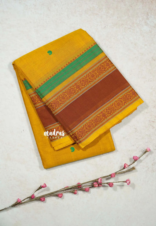Turmeric Yellow - Karthigai silk cotton full thread weaving rettapet border