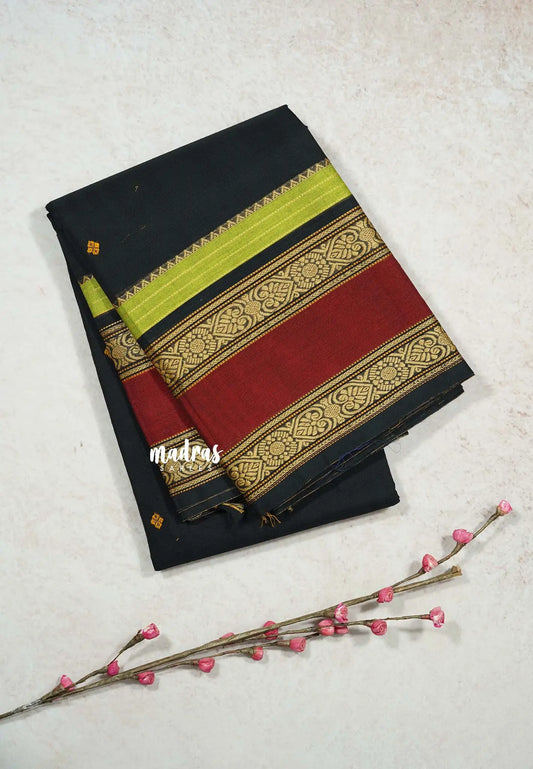 Midnight Magic Black - Karthigai silk cotton full thread weaving rettapet border