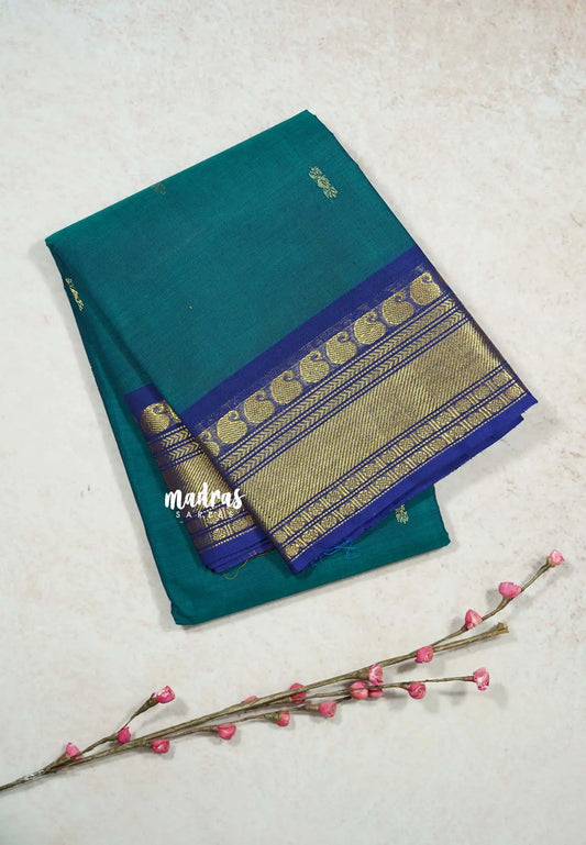 Peacock Blue - Karthigai silk cotton mango Bavanji Border