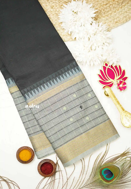 Korvai silk cotton Black with traditional checks big border