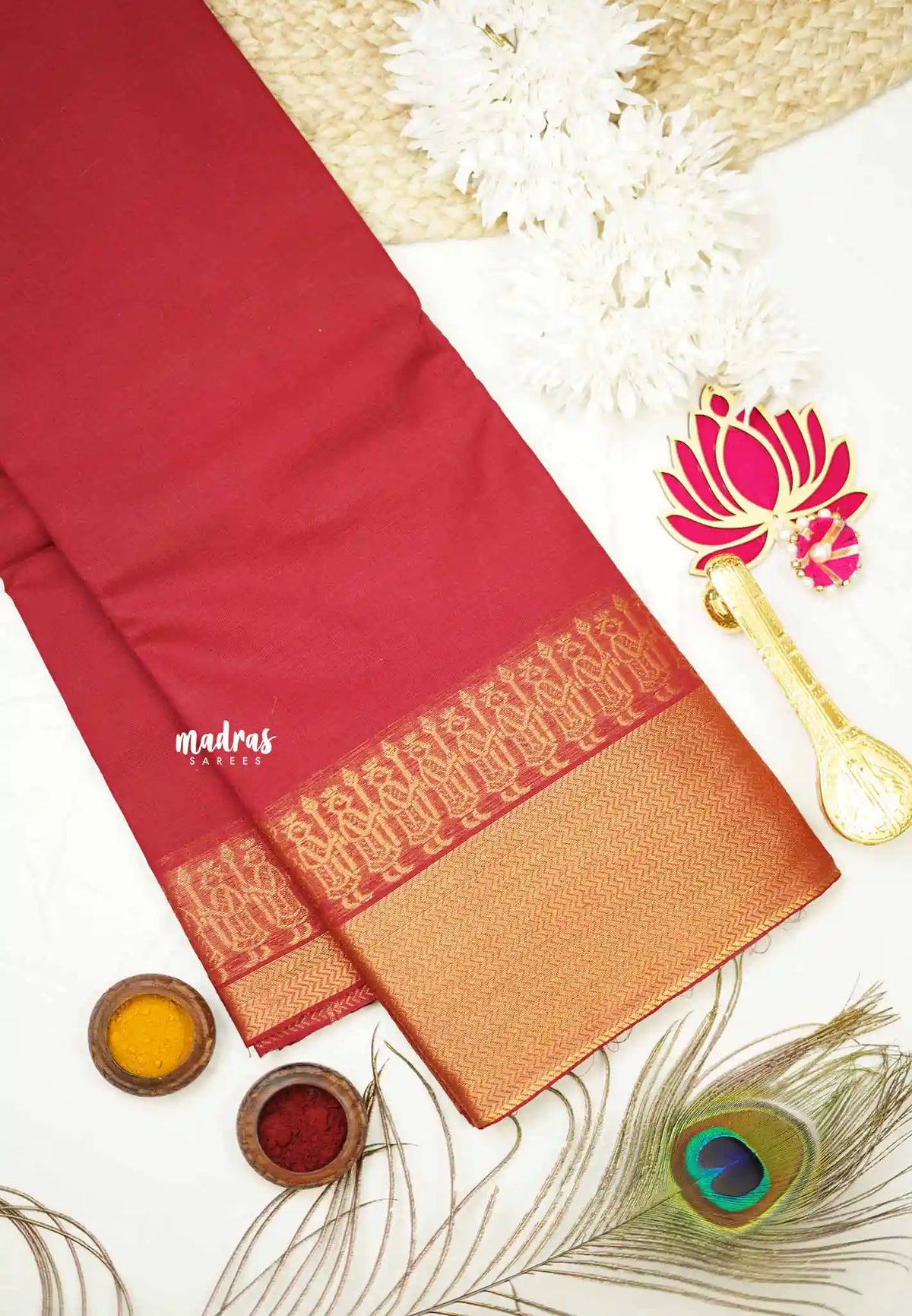 Karthigai silk cotton plain body with getti border - Red - Madras Sarees 