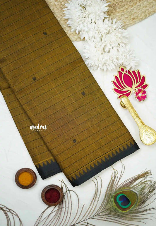 Karthigai silk cotton small border with muthu kattam checks - Greenish brown