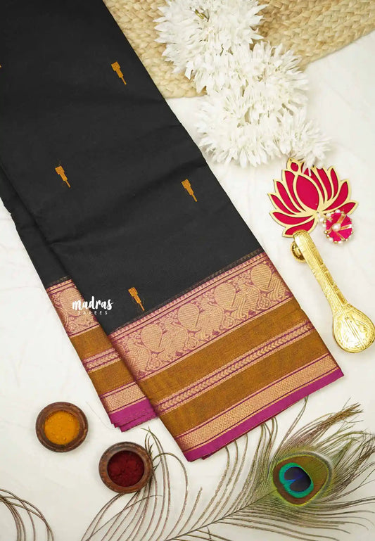 Karthigai silk cotton Triple border with annam  - Black