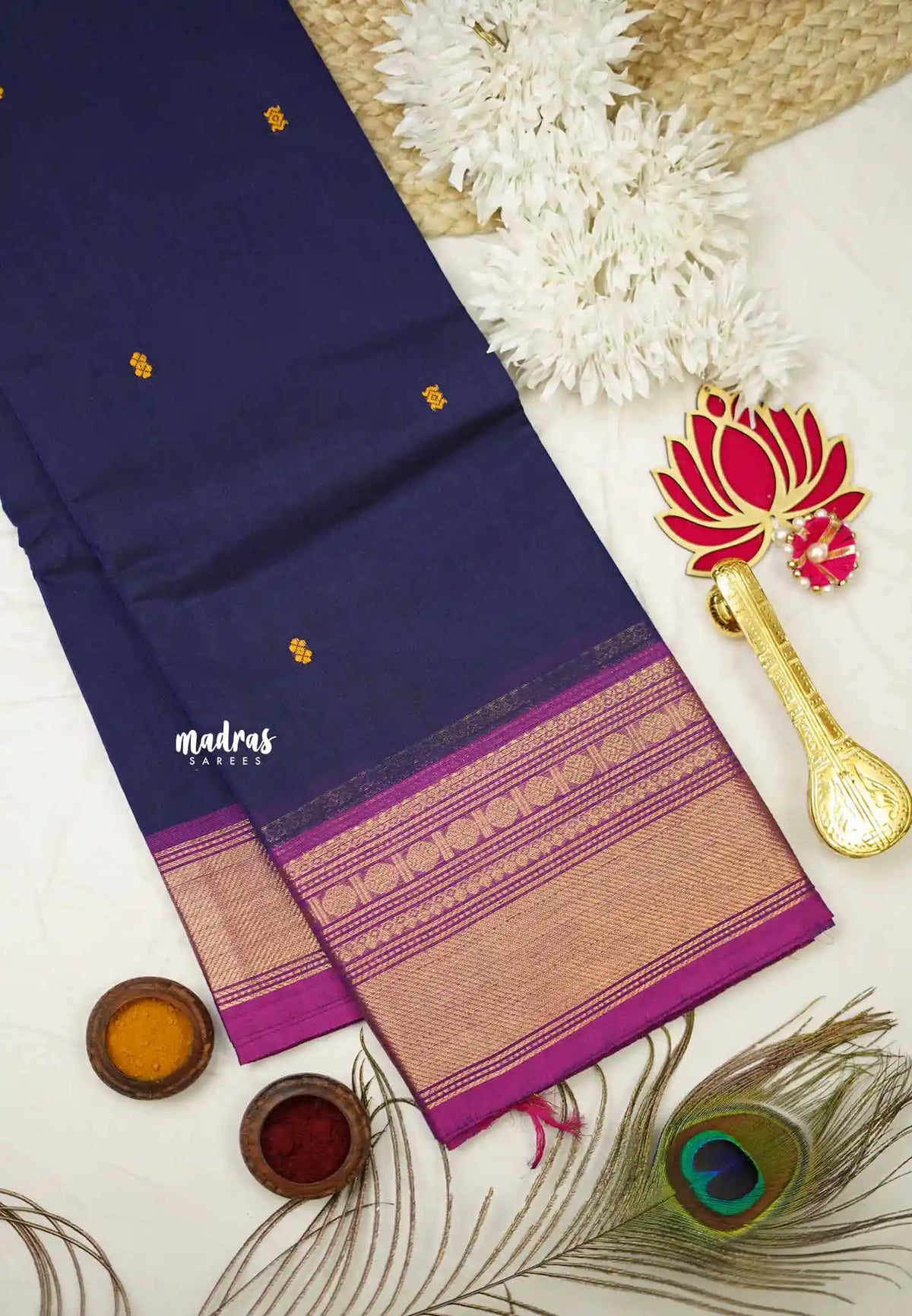 Karthigai silk cotton small rudraksham bavanji border - MS Blue