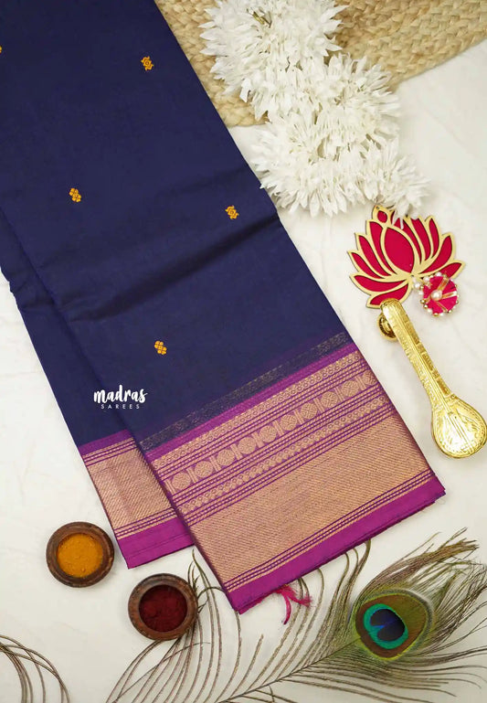 Karthigai silk cotton small rudraksham bavanji border - MS Blue