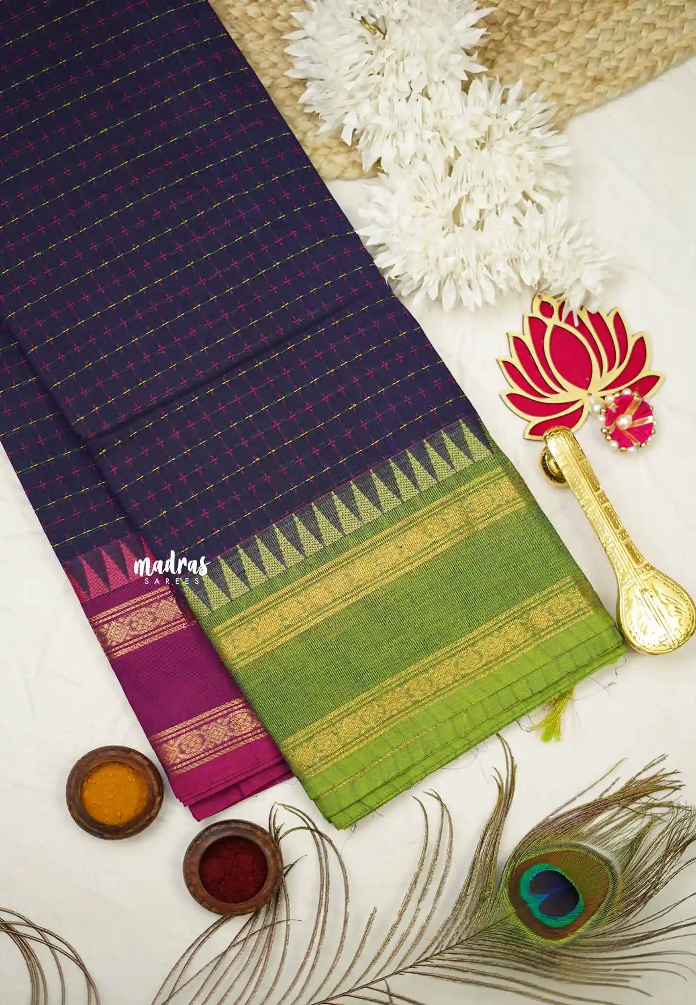 Karthigai silk cotton plus buttas body with ganga jamuna border - Navy blue - Madras Sarees 