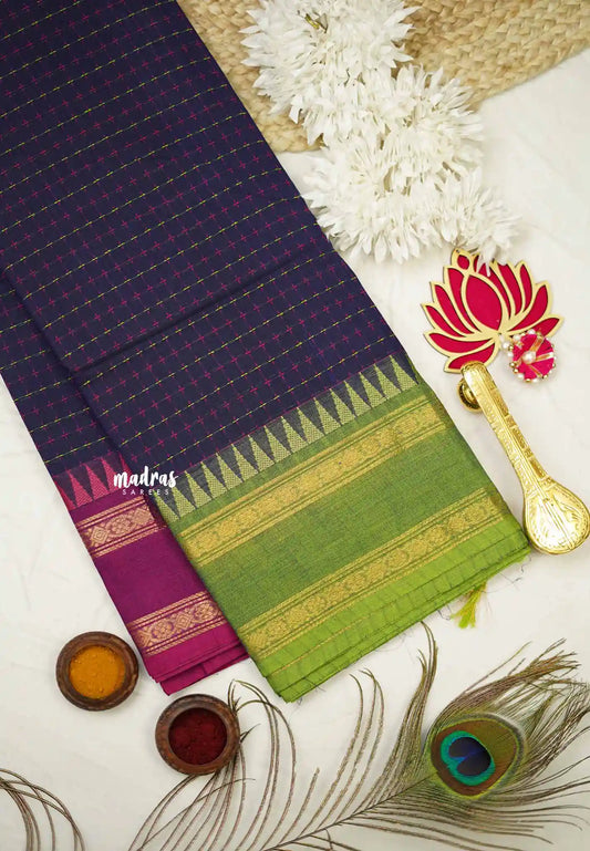 Karthigai silk cotton plus buttas body with ganga jamuna border - Navy blue - Madras Sarees 