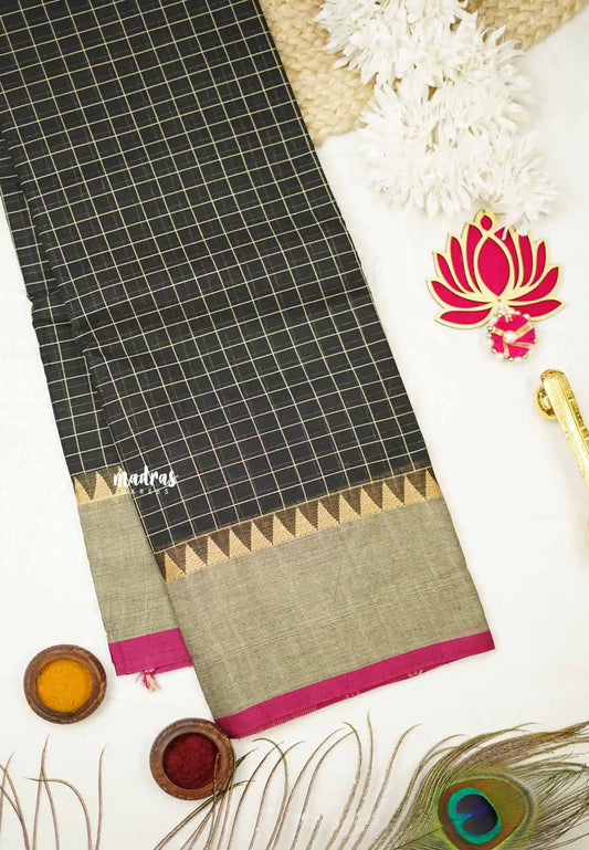 Karthigai silk cotton kattam body temple border - Black